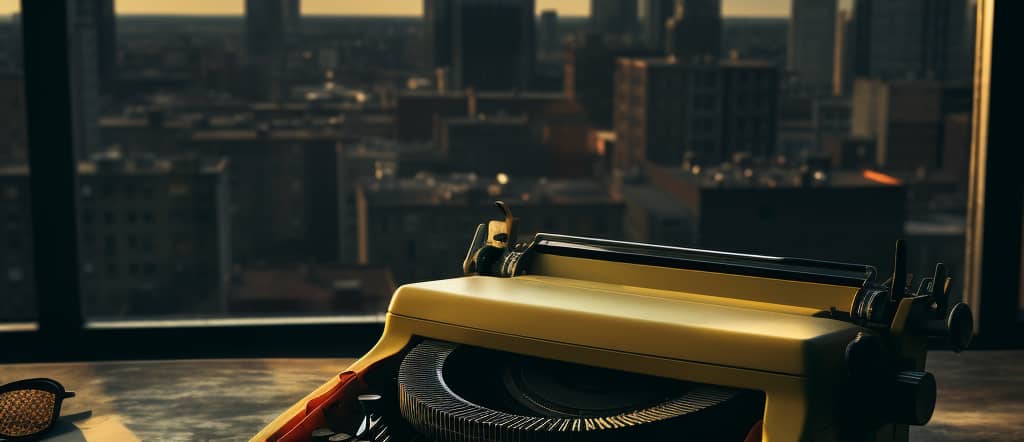 a typewriter surrounded by a skyscraper view