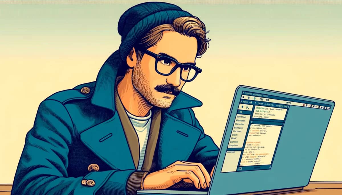 A cartoon style image of a 36 year old man with light brown hair a mustache and wearing black rimmed glasses. He is dressed in a blue marine coat and a dark beanie hat. The man is typing on his laptop