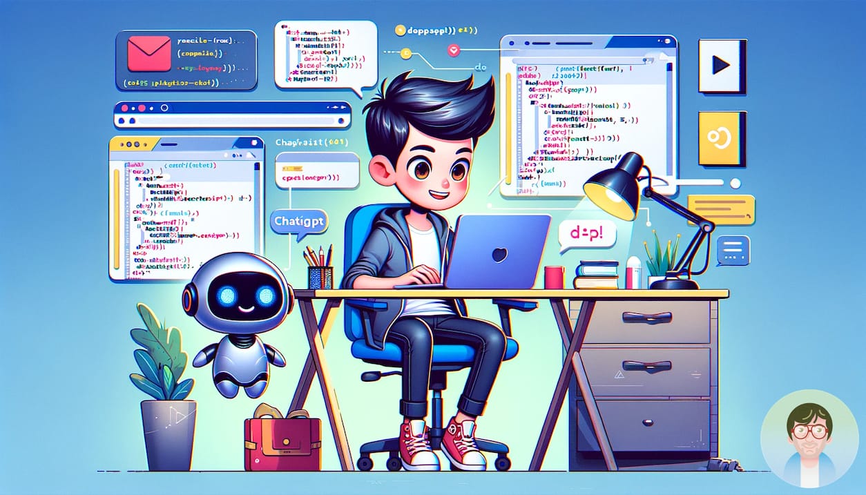A cartoon-style illustration depicting a young data scientist working on a laptop, surrounded by floating digital screens showing snippets of HTML, CSS and JavaScript.