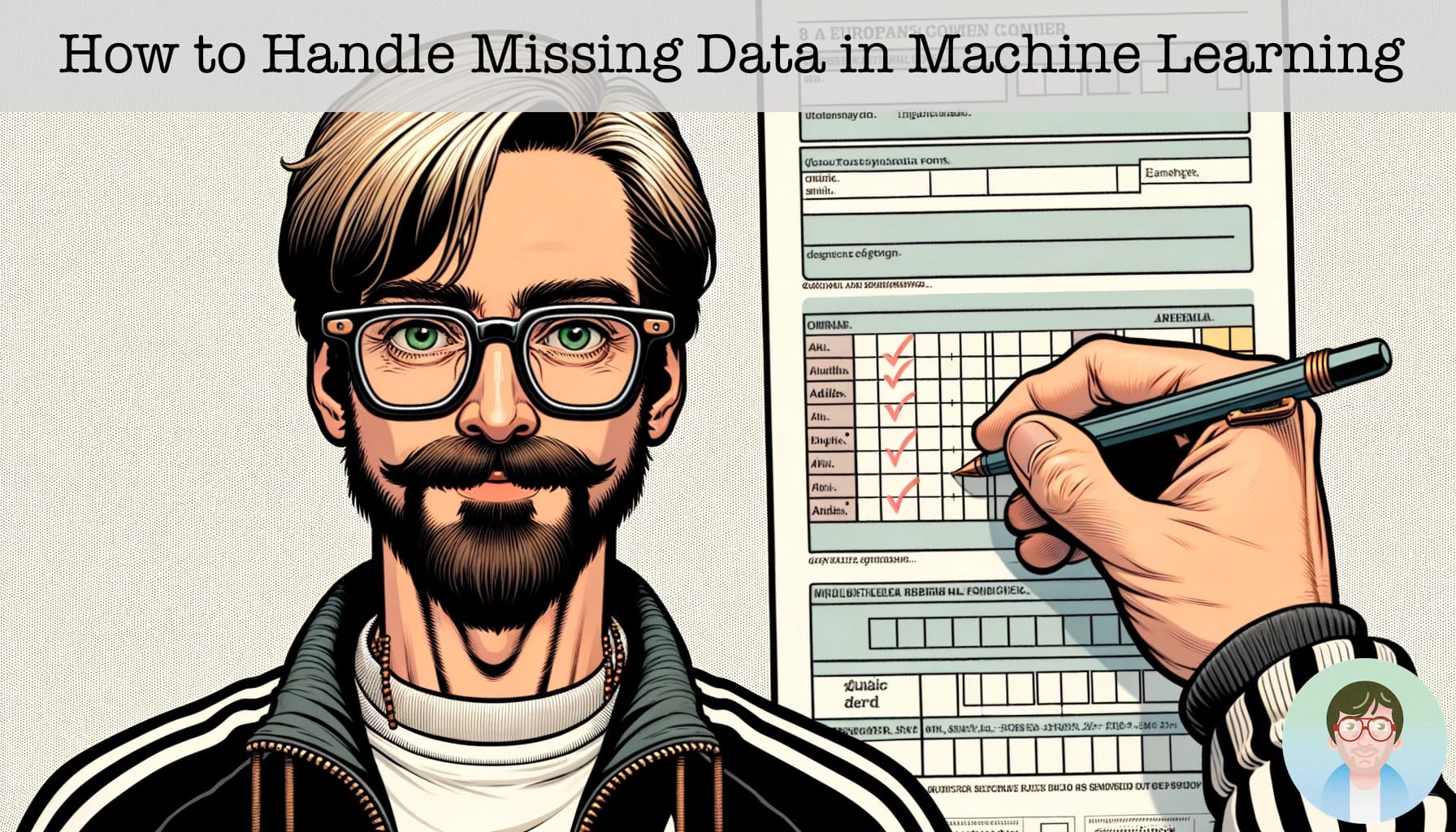 A blonde haired guy with nerd glasses and green eyes filling a form to handle missing data